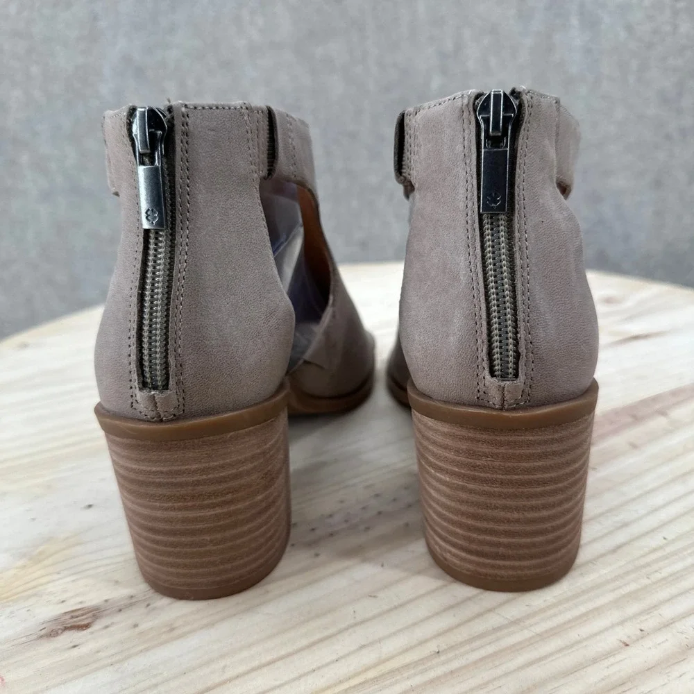Lucky Brand Tarrinax Booties Women 8M Grey Leather Cutout Open Toe Stacked Heel